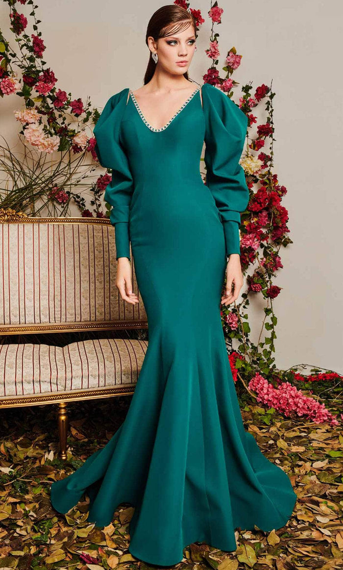 MNM COUTURE N0495 - Crepe Formal Puffy Sleeve Gown Prom Dresses 4 / Emerald Green