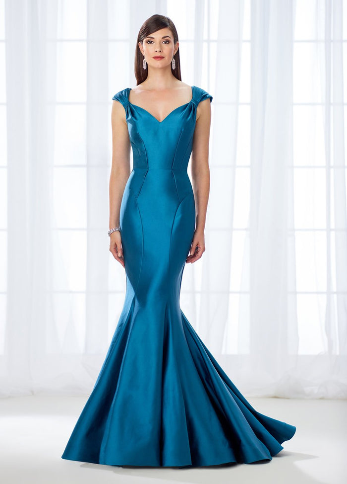 Mon Cheri Fitted Cap Sleeves Stretch Satin Mermaid Gown 118661 - 1 pc Teal in Size 12 Available CCSALE 12 / Teal