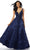 Mori Lee - 43089 Sleeveless V Neck Beaded Lace Appliques Satin Gown Prom Dresses 0 / Navy