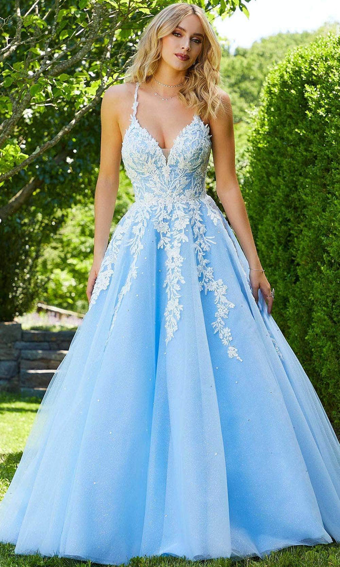 Mori Lee 47044 - Sleeveless Plunging V-neck Evening Gown Special Occasion Dress 00 / Ivory/Bahama Blue