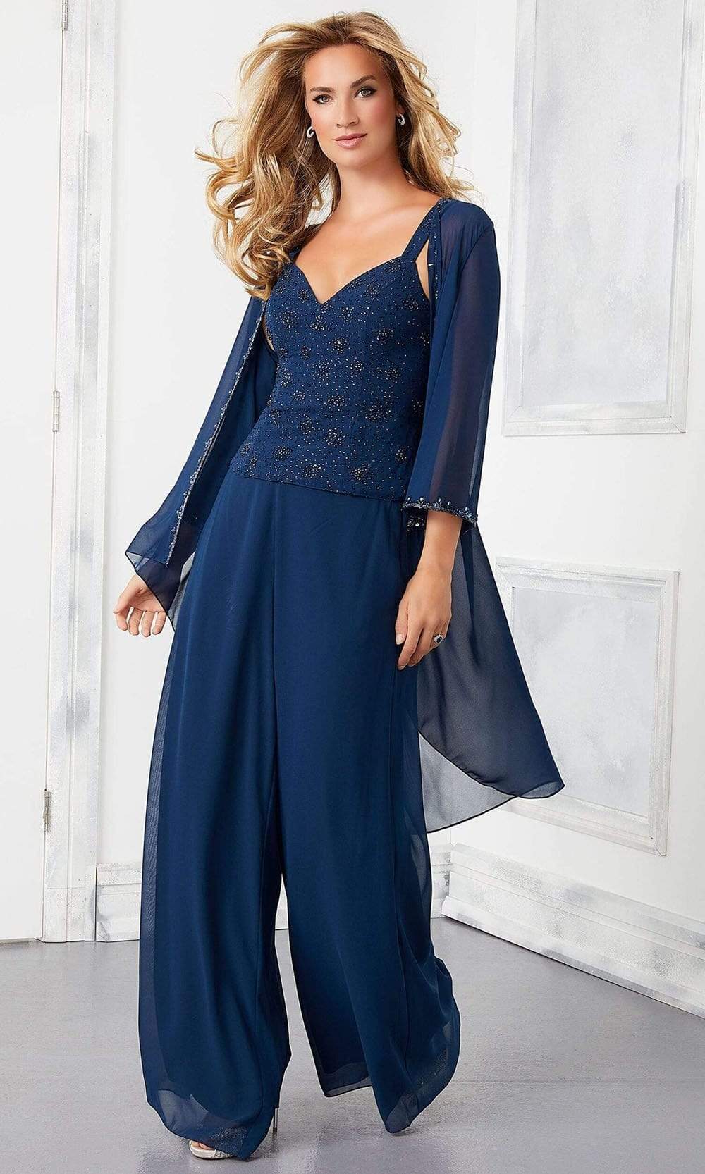 Elegant Dark Navy Chiffon 3-Piece Pants Suit Set for Mothers with Sequins  Tassel - Ideal for Weddings & Parties