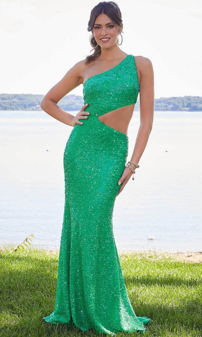 Mori Lee - Asymmetric Cutout Prom Gown 47029SC - 1 pc Bright Green In Size 0 Available CCSALE 0 / Bright Green