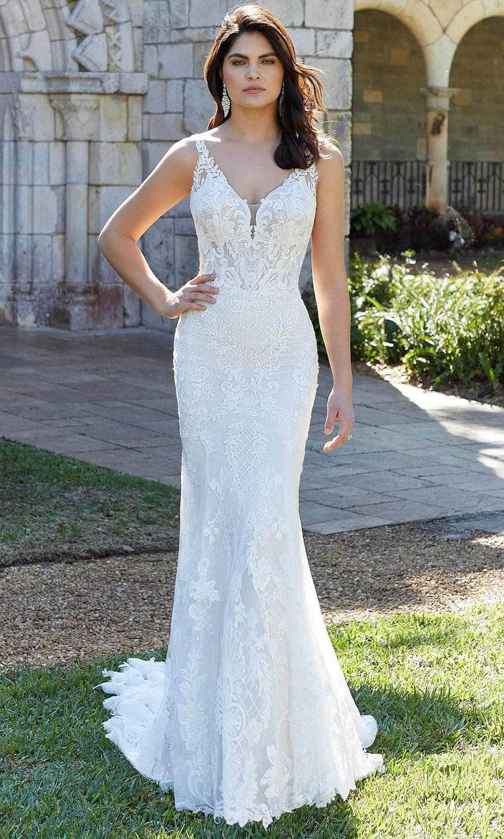 Champagne Wedding Gown w/ Lace Bodice & Plunging Neckline