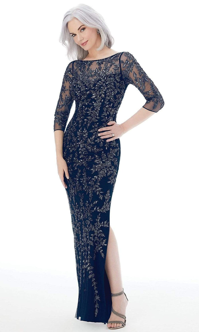 Mori Lee - Illusion Bateau Neckline Bead Pattern Sheath Dress 72232 - 1 pc Navy In Size 12 Available CCSALE 12 / Navy