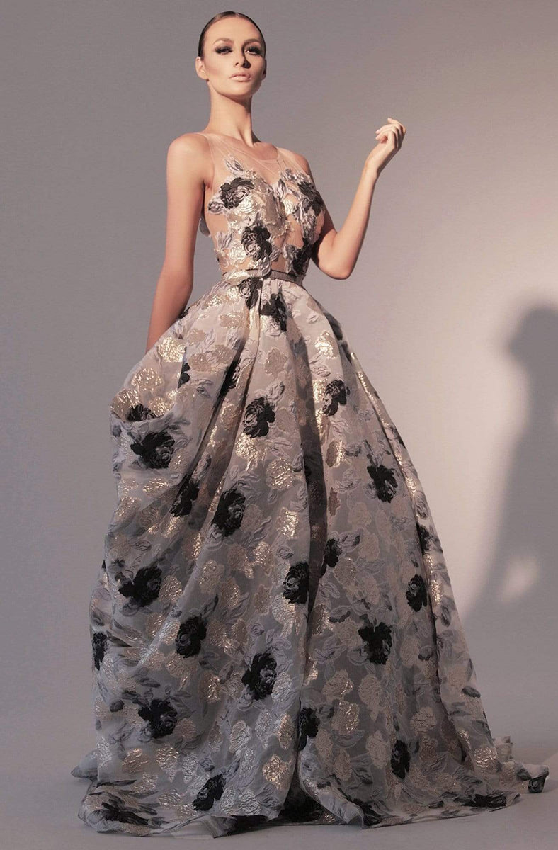 Nicole Bakti - 6797 Illusion Scoop Metallic Floral Print Gown – Couture ...