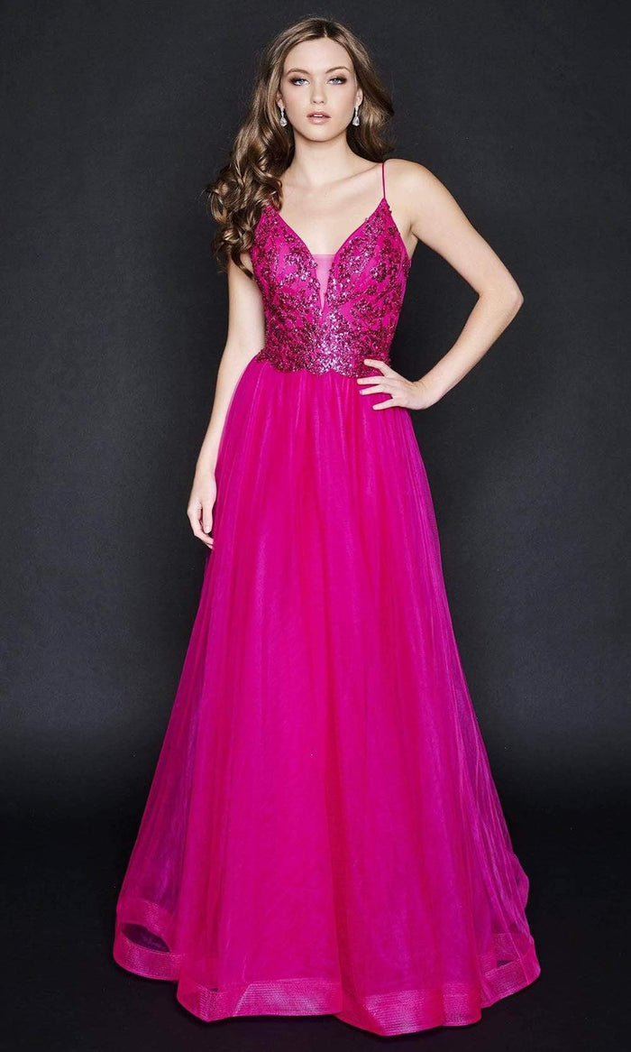 Nina Canacci - 1522 Embellished V-Neck Gown Special Occasion Dress 0 / Magenta