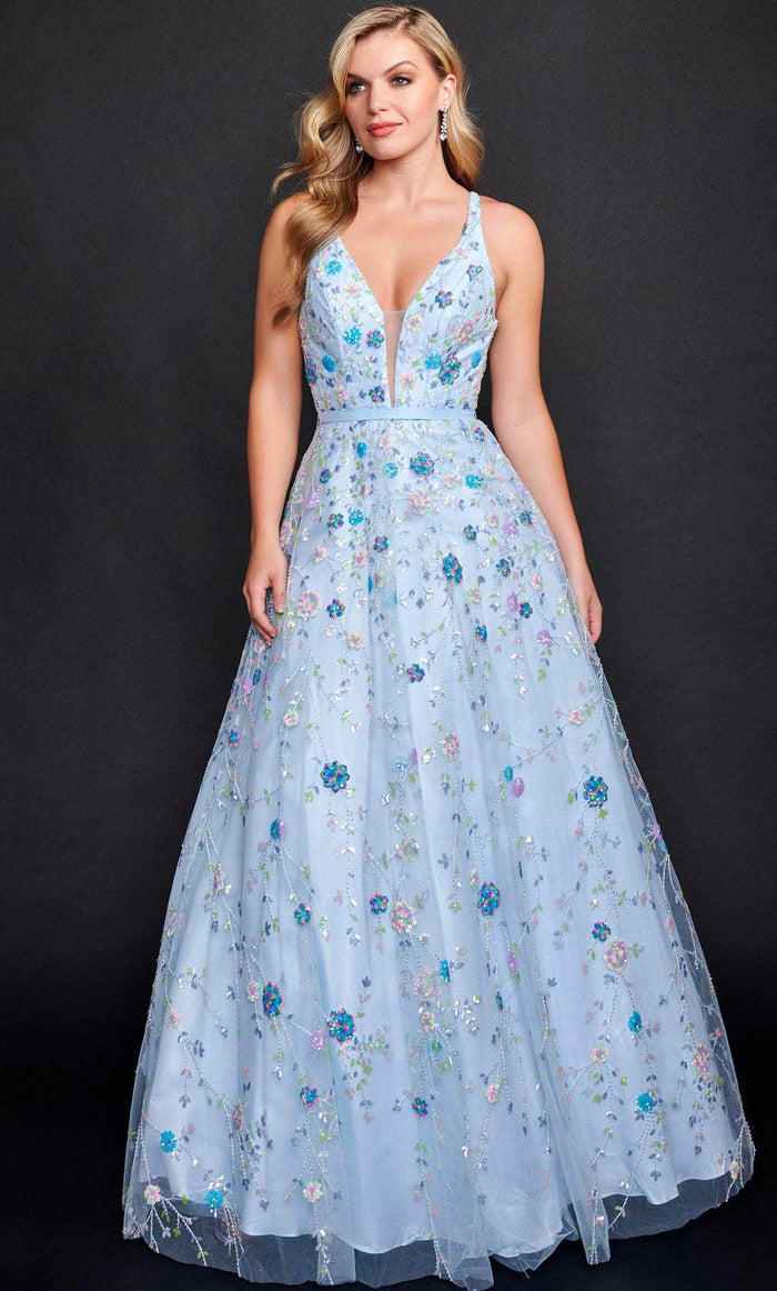 Nina Canacci 3224 - Floral Sequined A-line Long Gown Special Occasion Dress 0 / Blue Multi