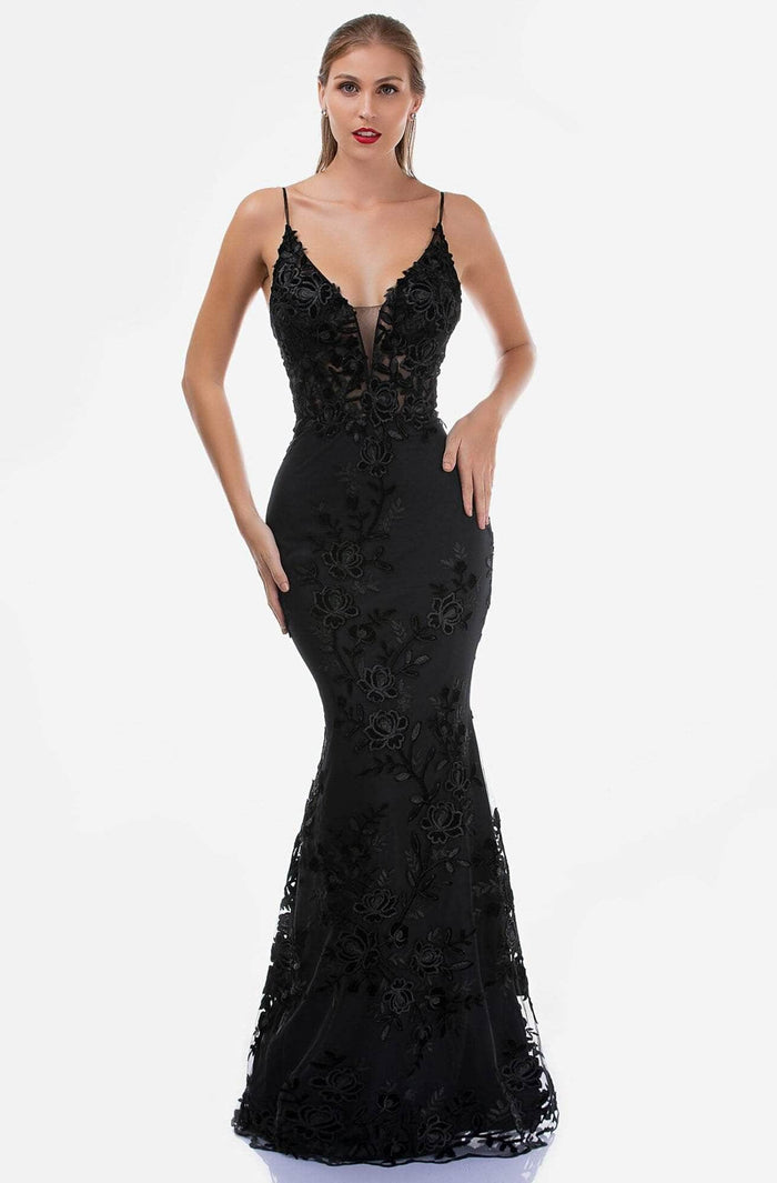 Nina Canacci - Floral Lace V-Neck Evening Dress 2240 - 1 pc Black In Size 6 Available CCSALE 6 / Black