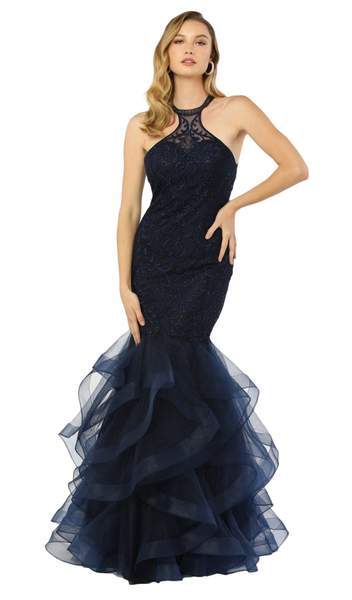 Nox Anabel - Beaded Lace High Halter Tulle Mermaid Gown M189 CCSALE M / Navy