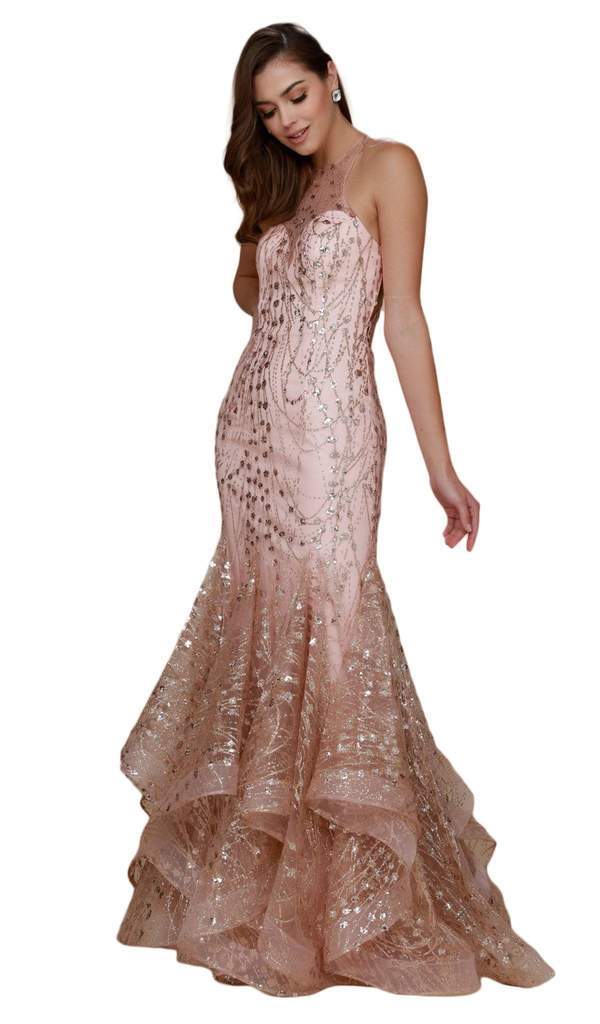 Nox Anabel - Embellished Illusion Halter Mermaid Gown T153 - 1 pc Gold In Size XS Available CCSALE XS / Gold