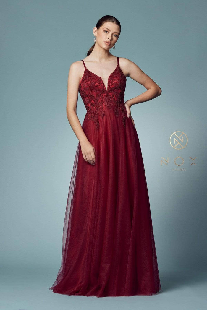 Nox Anabel - Spaghetti Strap A-Line Prom Gown R357 - 1 pc Burgundy In Size 2 Available CCSALE 2 / Burgundy