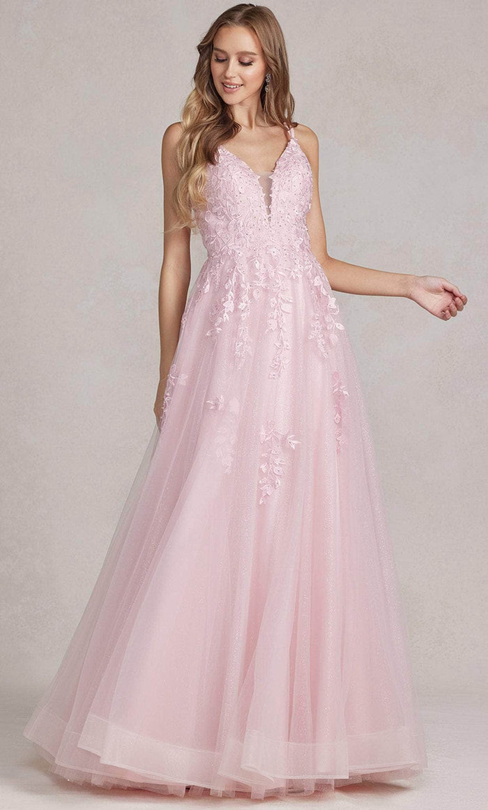 Nox Anabel T1136 - Plunging V-Neck A-line Dress Prom Dresses 00 / Pink