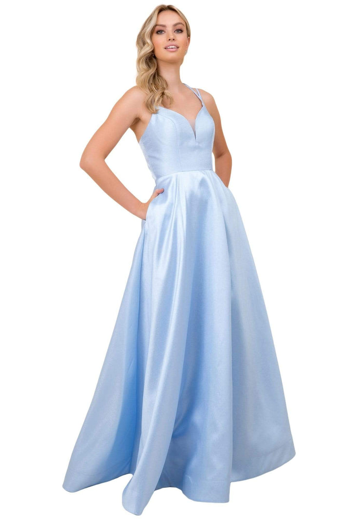 Nox Anabel - T406 Strappy Open Back Sleeveless Satin A-Line Gown Prom Dresses 4 / Blue