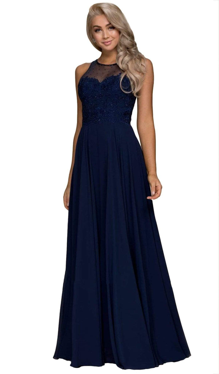 Nox Anabel - Y009 Jeweled Lace Bodice Chiffon A-Line Evening Gown Special Occasion Dress XS / Navy