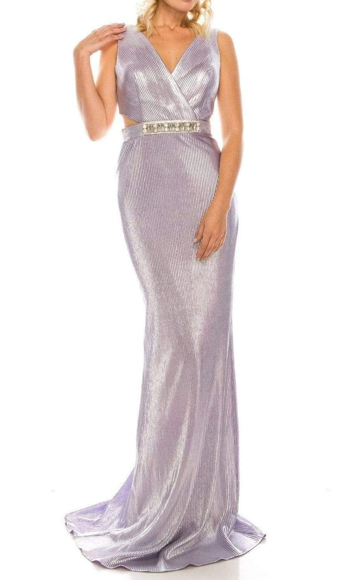 Odrella - 4763 V Neck Cutout Waist Metallic Rib Sheath Evening Gown Special Occasion Dress 00 / Lilac