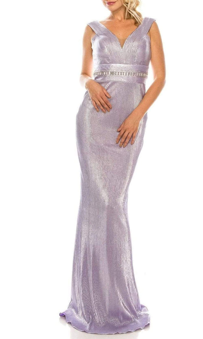 Odrella - 4767 Sleeveless Empire Waist Metallic Rib Sheath Gown Special Occasion Dress 00 / Lilac