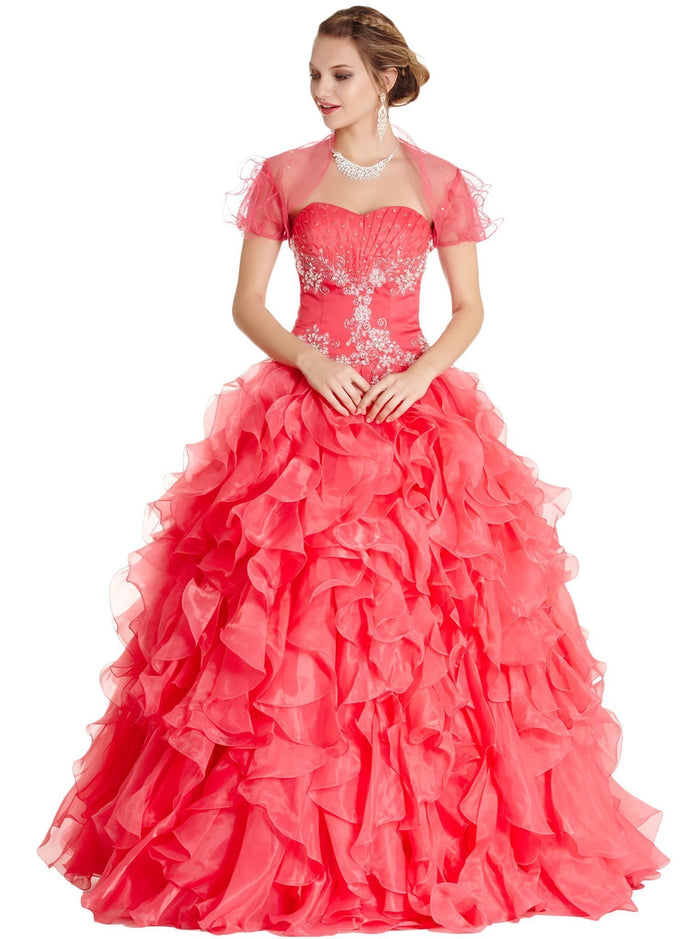 Ornate Ruffled Quinceanera Ballgown With Bolero Dress XXS / Fuchsia