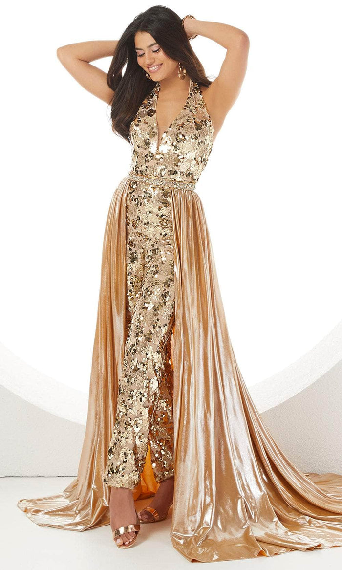 Panoply - 14107 Sequin Halter Jumpsuit With Overskirt Special Occasion Dress 0 / Gold