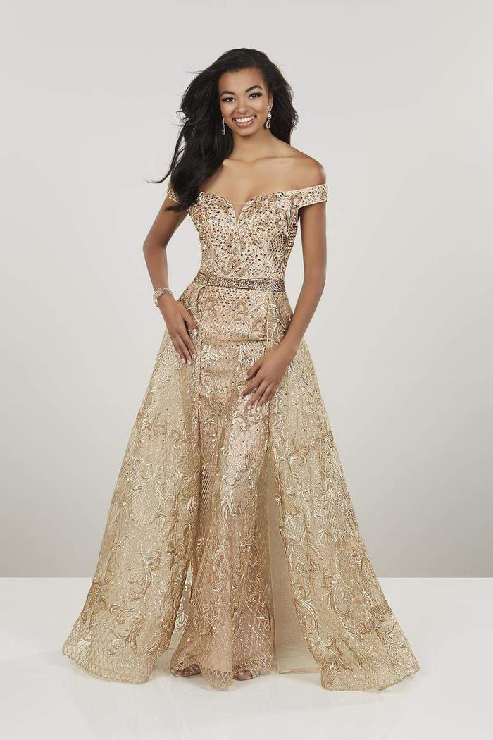 Panoply - 14955 Beaded Off-Shoulder Dress With Removable Overskirt - 1 pc Gold in Size 4 Available CCSALE 10 / Gold