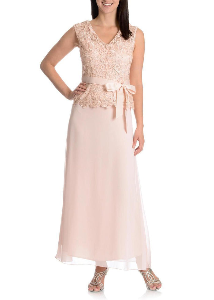 Patra - Lace Embellished Bow Evening Dress 13654 - 1 Pc Peach in Size 8 Available CCSALE 8 / Peach