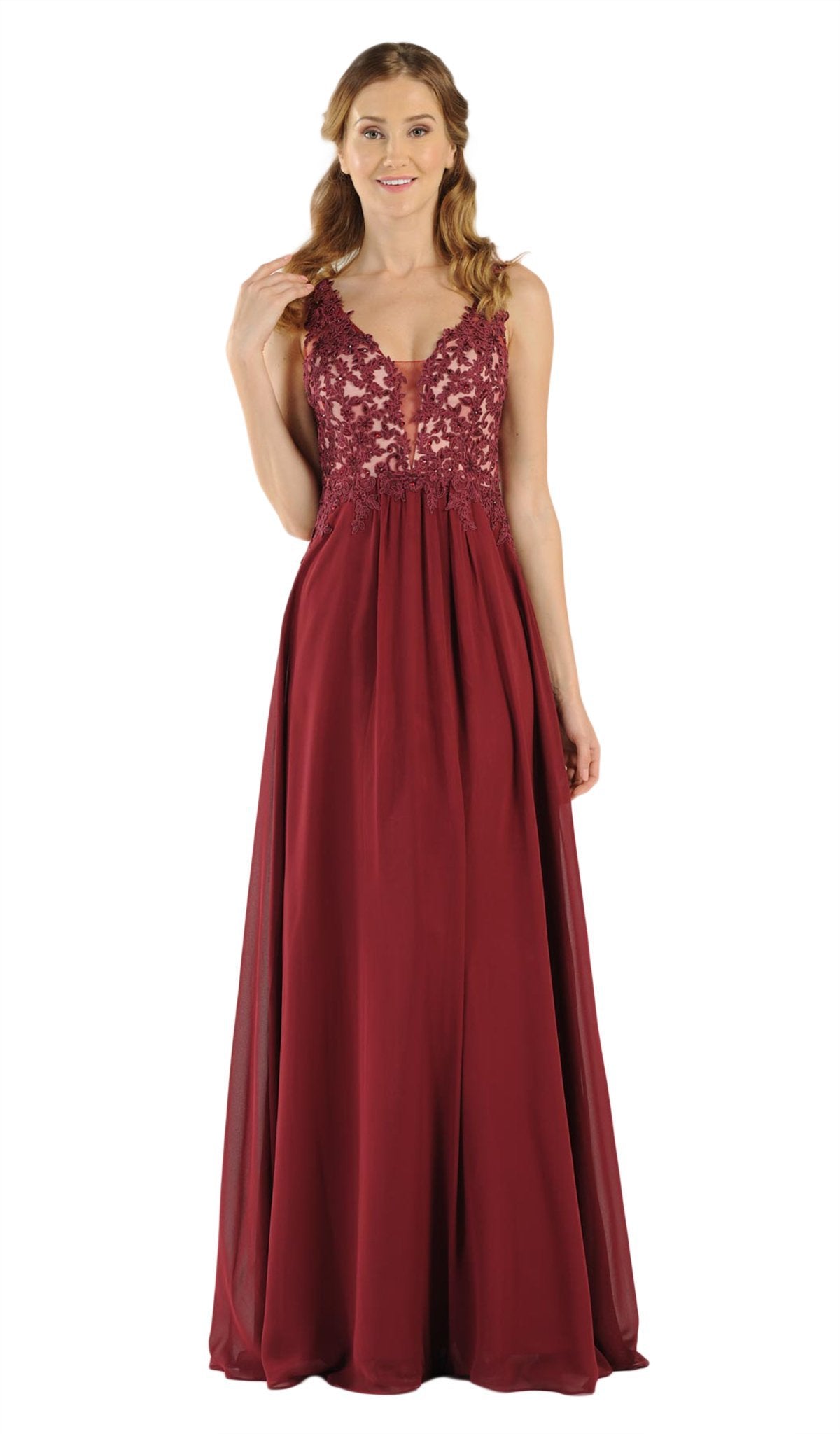 Poly USA - 8012 Embellished Lace Deep V-Neck Chiffon A-Line Dress ...