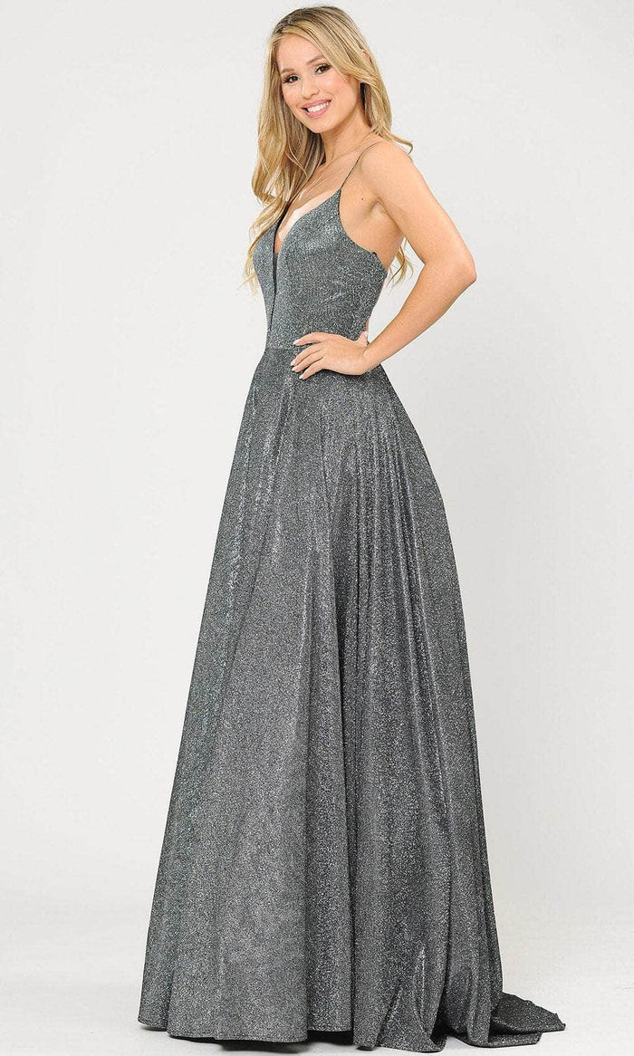 Poly USA 8556 - Glittered Deep V-neck A-Line Gown Special Occasion Dress XS / Silver/Blk