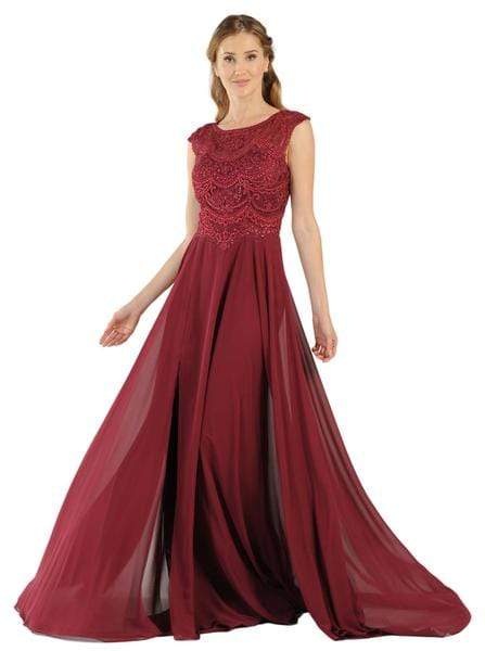 Poly USA - Cap Sleeve Embroidered Illusion Chiffon Gown 8254 - 1 pc Burgundy In Size S Available CCSALE S / Burgundy