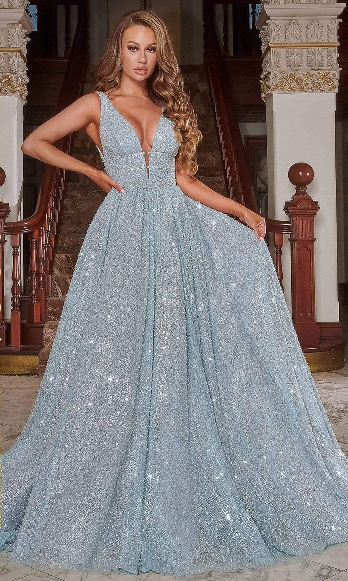 Portia and Scarlett - PS22037 Embellished Deep V Neck Ballgown Prom Dresses 0 / Cinderella Blue