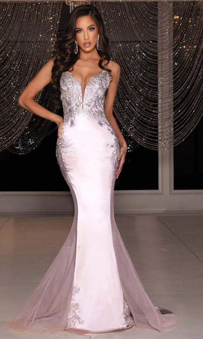 Portia and Scarlett - PS22212 Plunging V-Neck Lace Appliqued Long Gown Prom Dresses 0 / Stone