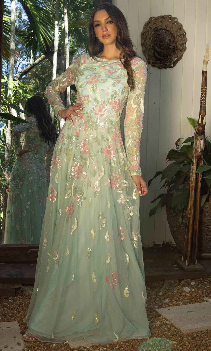 Primavera Couture 12021 - Floral Sequined Modest A-Line Dress Mother Of The Bride Dresses 4 / Mist Green