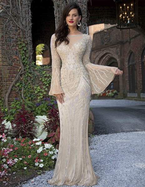 Primavera Couture - Embellished Long Bell Sleeve Bateau Dress 3284 - 1 pc Beige In Size 12 Available CCSALE 12 / Beige