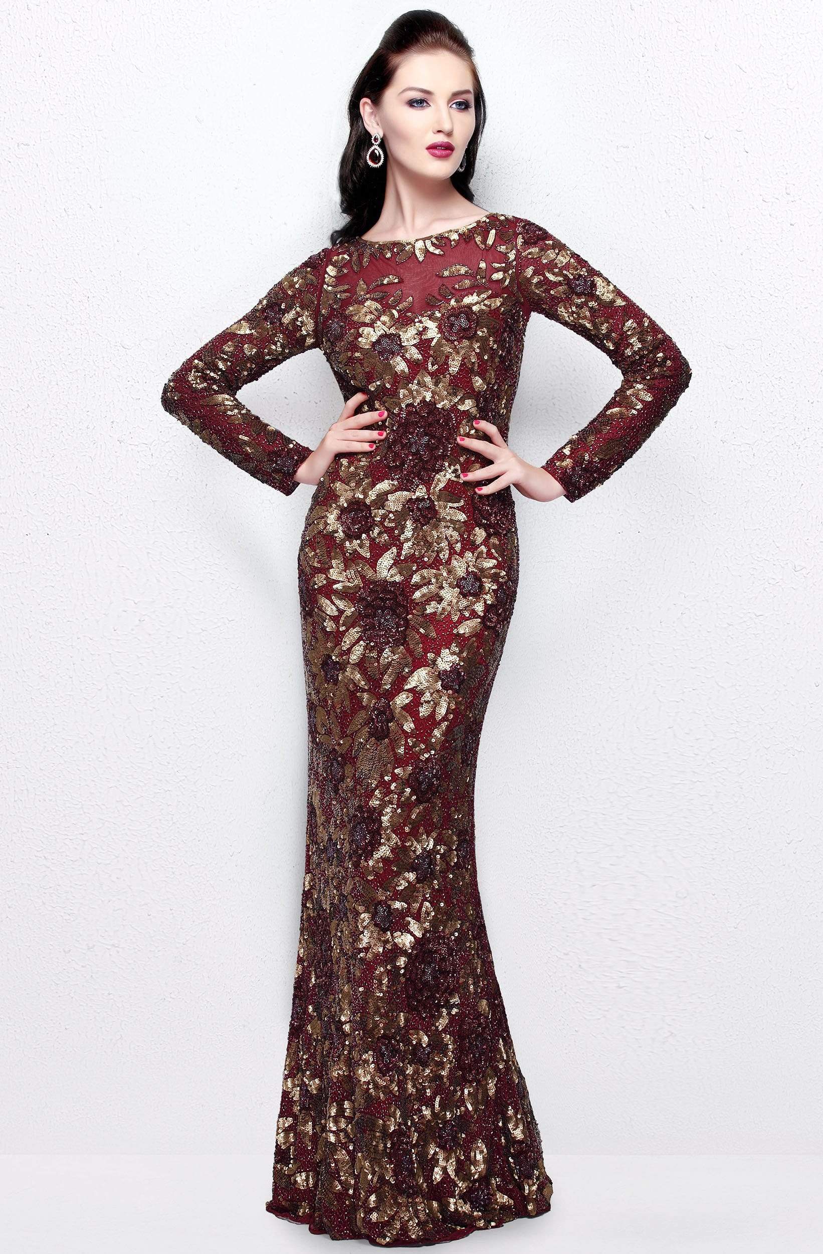 Primavera Couture - Long Sleeve Luxurious Floral Sequined Long Sheath ...