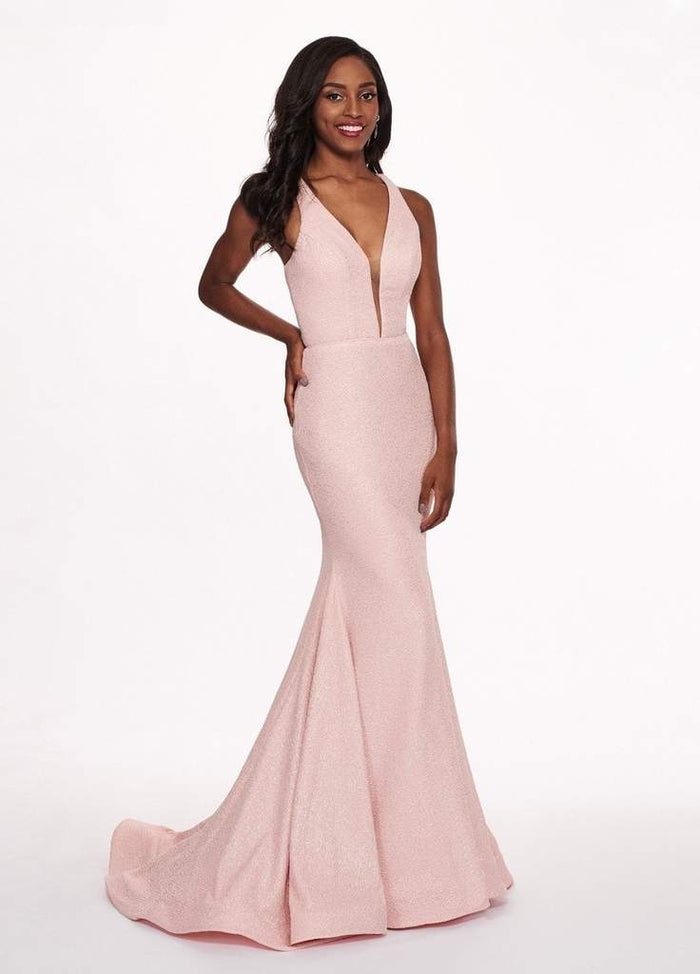 Rachel Allan - 6472 V-Neck Fitted Crinckled Foil Jersey Evening Gown CCSALE 4 / Blush