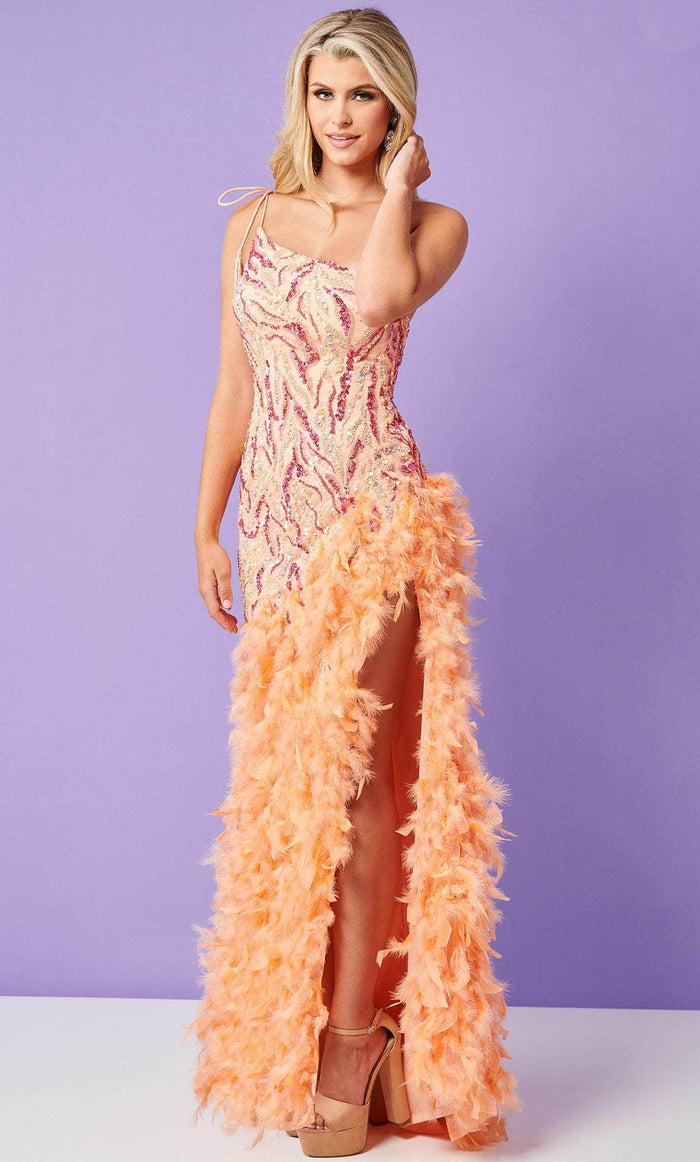 Rachel Allan 70412 - Fuzzy Feathered Slit Sheath Gown Special Occasion Dress 00 / Sherbert Multi