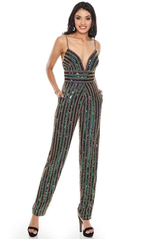 Rachel Allan - Beaded Formal Jumpsuit 7028 - 1 pc Navy Gold Multi In Size 00 Available CCSALE 00 / Navy Gold Multi