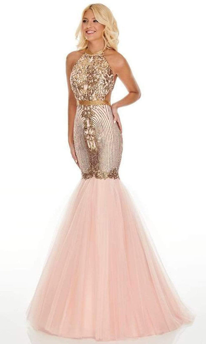 Rachel Allan - Embellished Halter Tulle Mermaid Dress 7142 - 1 pc Gold Blush In Size 4 Available CCSALE 4 / Gold Blush