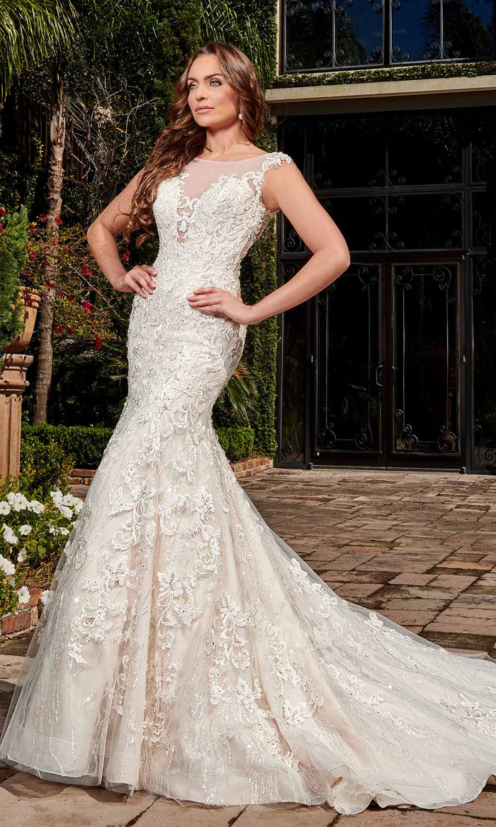 Rachel Allan - M772 Illusion Yoke Embellished Lace Mermaid Bridal Gown Wedding Dresses 00 / Ivory Champagne