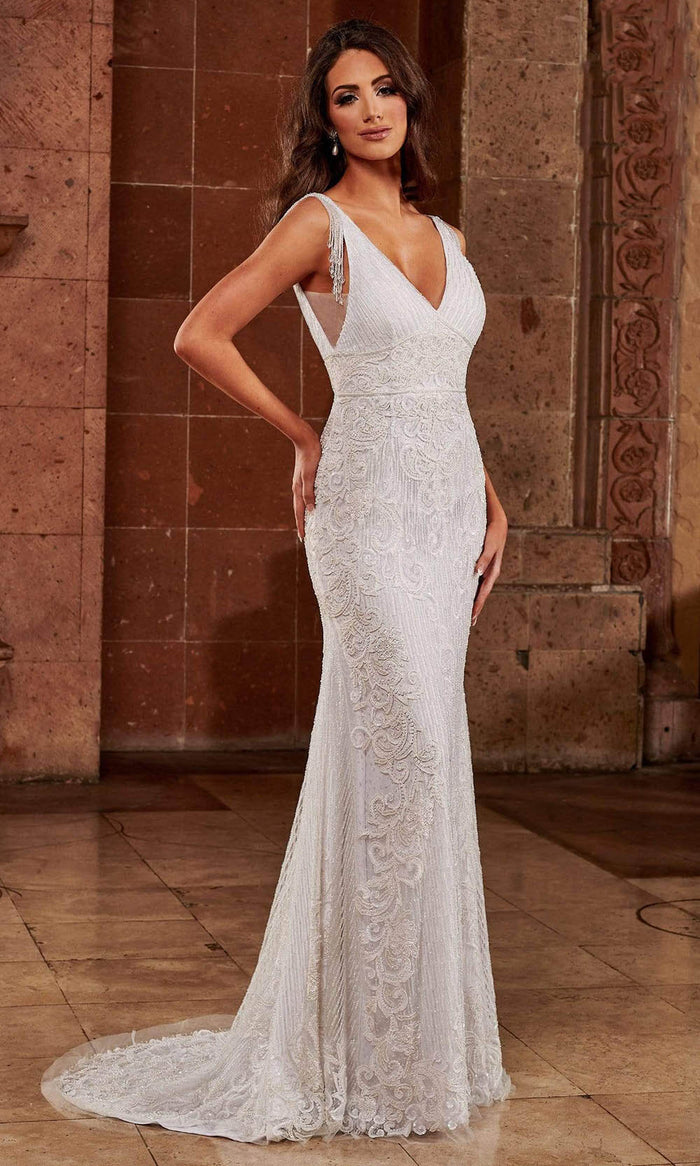 Rachel Allan - M797 Embellished V Neck Sheath Gown Bridal Dresses 0 / Diamond White