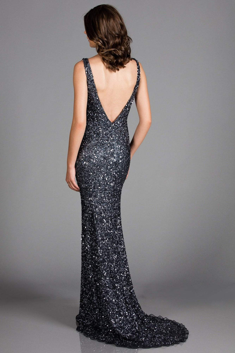 SCALA - 48883 Sequined Plunging V-neck Sheath Dress With Train ...