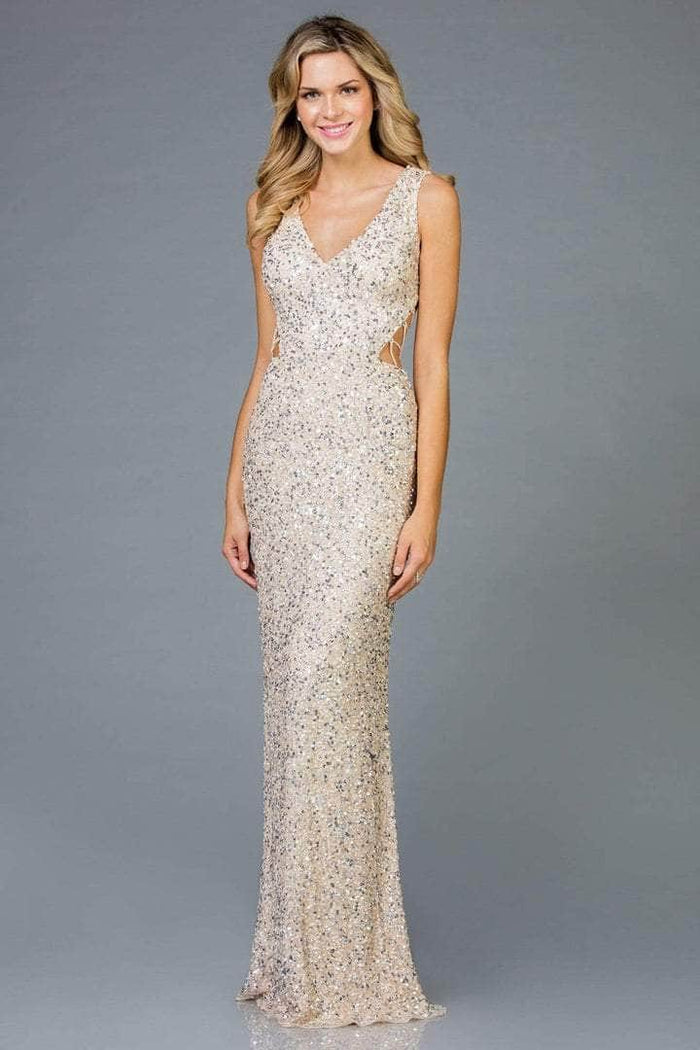 SCALA - 48962 Shimmering V-neck Long Dress - 1 pc Cream in Size 0 Available CCSALE 0 / Cream