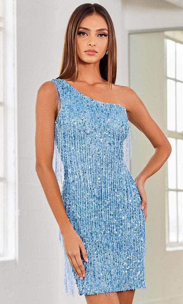 SCALA 60307 - One-Shoulder Sleeve Sequin Cocktail Dress Special Occasion Dress 000 / Dolphin