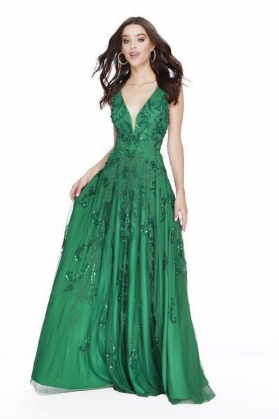 Shail K - Sequin Embellished Plunging Back Long Gown 12227 - 1 pc Emerald In Size 10 Available CCSALE 10 / Emerald