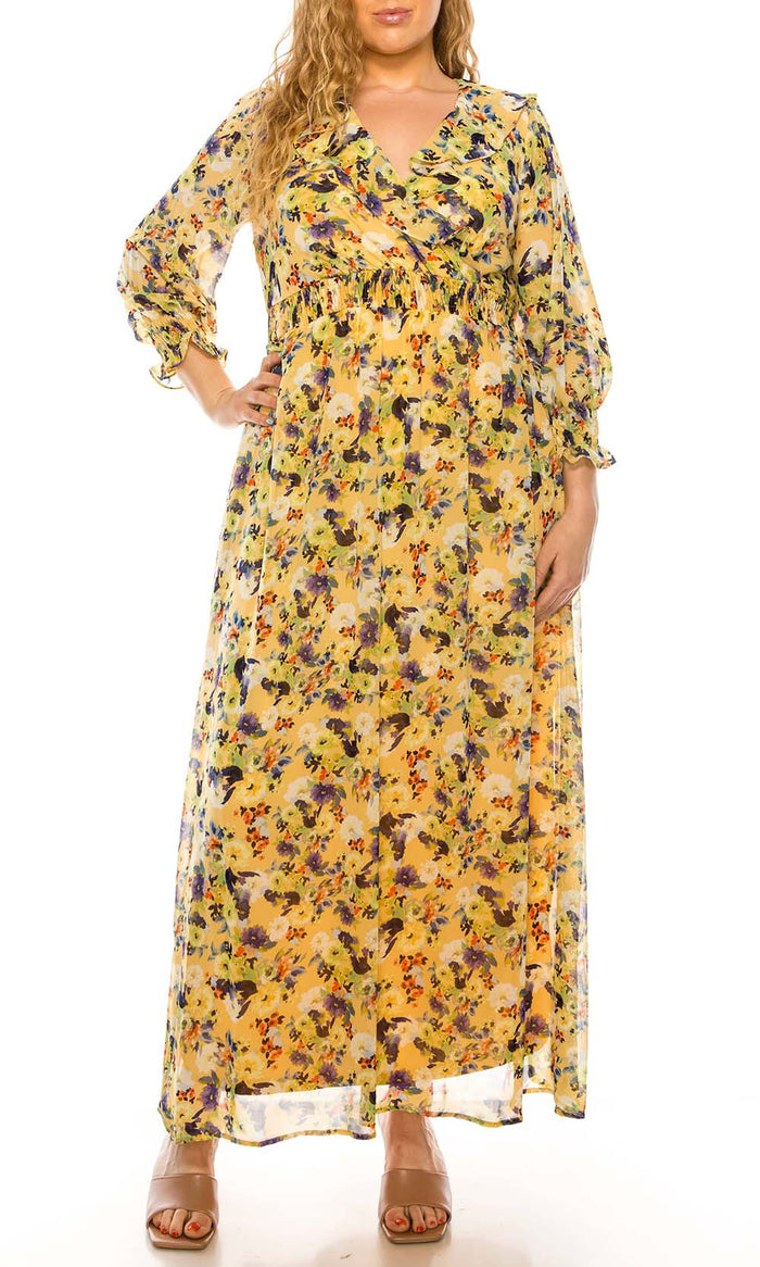 Shelby & Palmer - M563 V-Neck Floral Printed Dress Maxi Dresses 0 / Yellow Multi