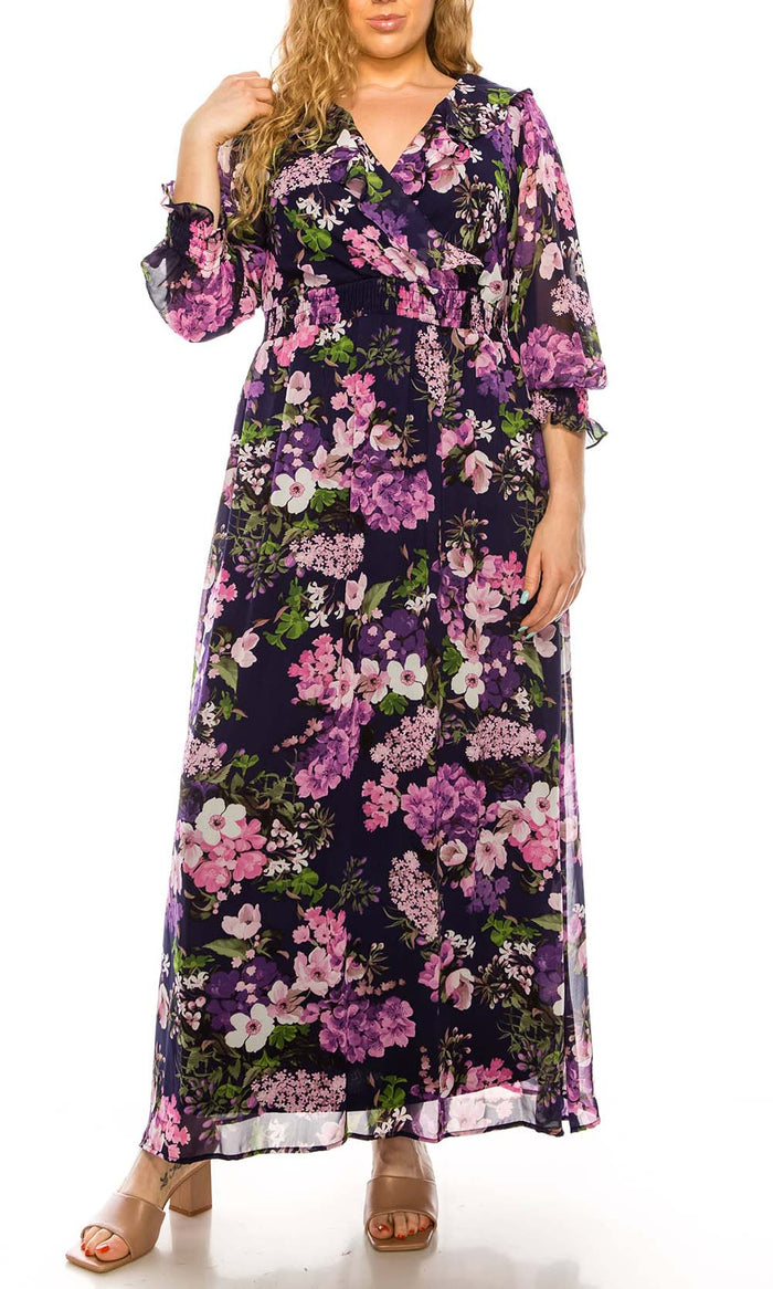 Shelby & Palmer - M567 Ruffled V-Neck A-Line Dress Maxi Dresses 0 / Navy Pink