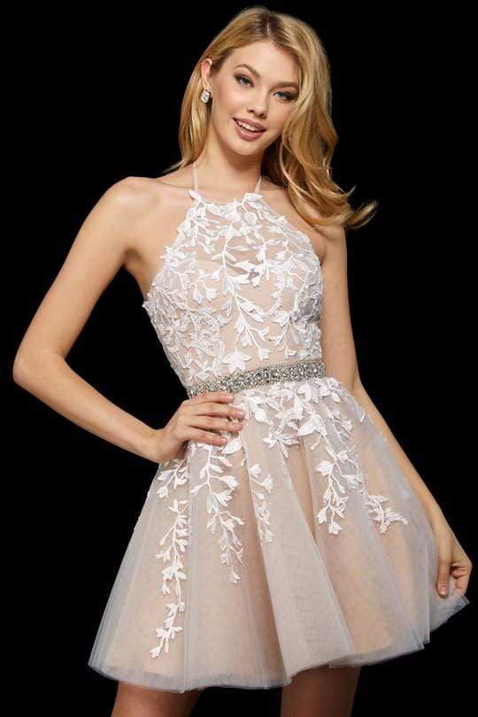 Sherri Hill - Embroidered Halter A-Line Cocktail Dress 53153 - 1 pc Blush In Size 12 Available CCSALE 12 / Blush