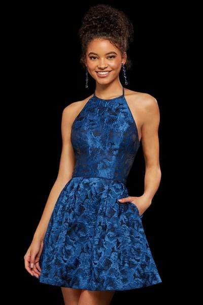 Sherri Hill - Halter Neck Short Dress 53070 - 1 pc Navy Print In Size 0 Available CCSALE 0 / Navy Print