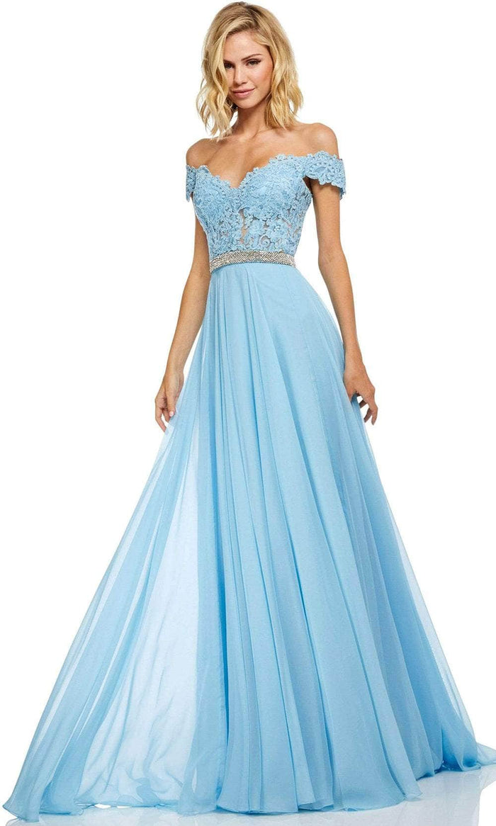 Sherri Hill - Lace Off The Shoulder Chiffon A-line Dress 52729 - 1 pc Light Blue In Size 12 Available CCSALE 12 / Light Blue