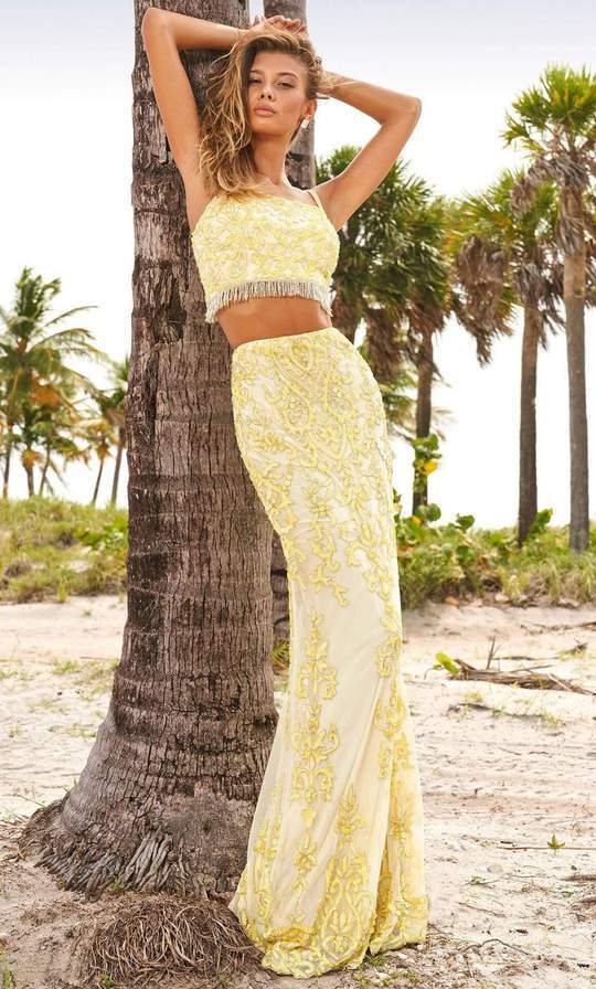 Sherri Hill - Two-Piece Bead-Fringed Sheath Gown 54219 - 1 pc Yellow In Size 0 Available CCSALE 0 / Yellow