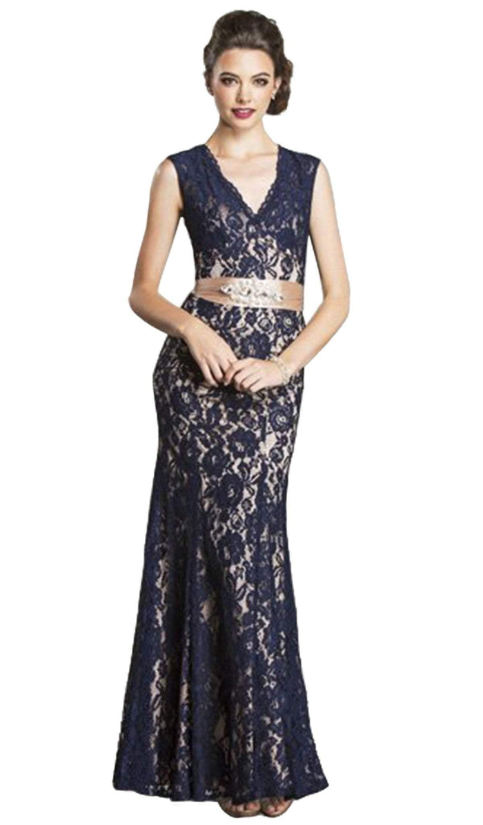 Sleeveless Long Lace Dress with Satin Ribbon Dress XXS / Navy