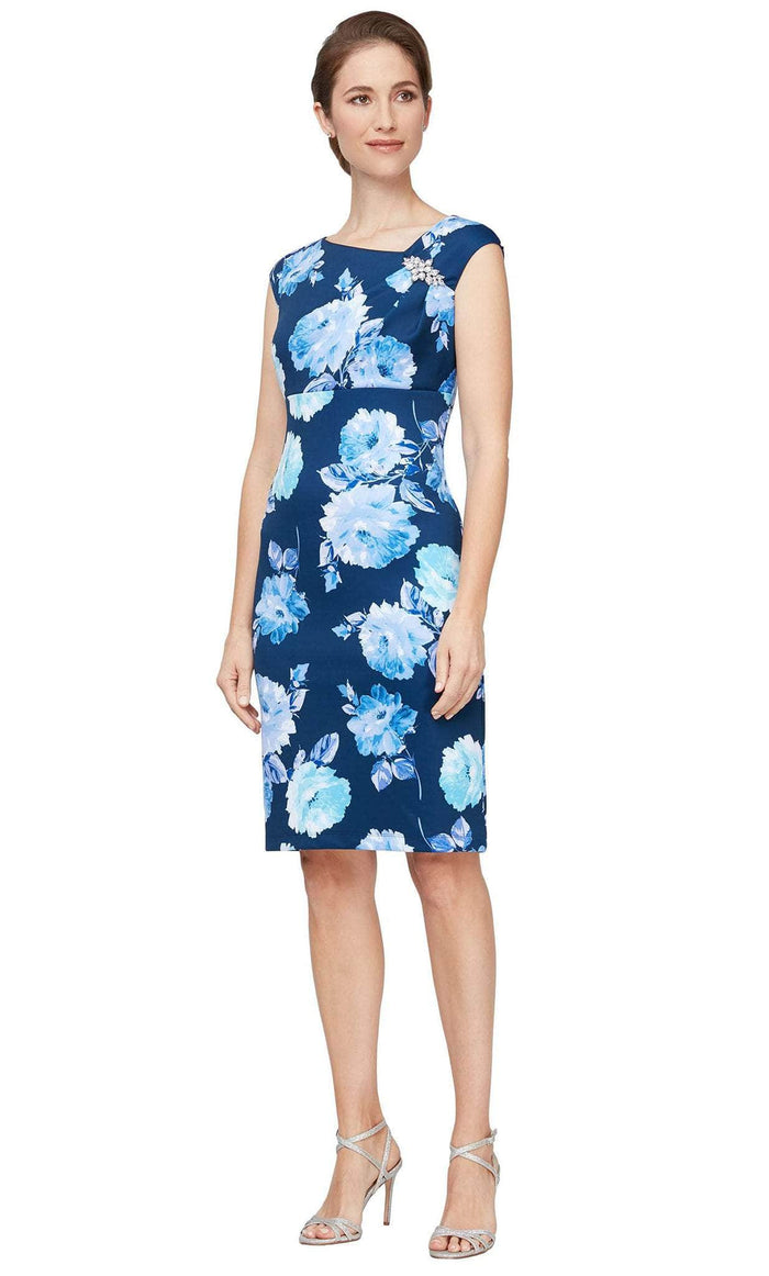 SLNY 9130202 - Floral Sheath Asymmetric Dress Holiday Dresses 6 / Navy Multi